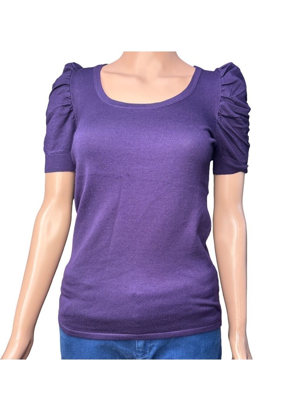 Style & Co. Women's Purple Ruched Short Sleeve Scoop Neck Blouse Small